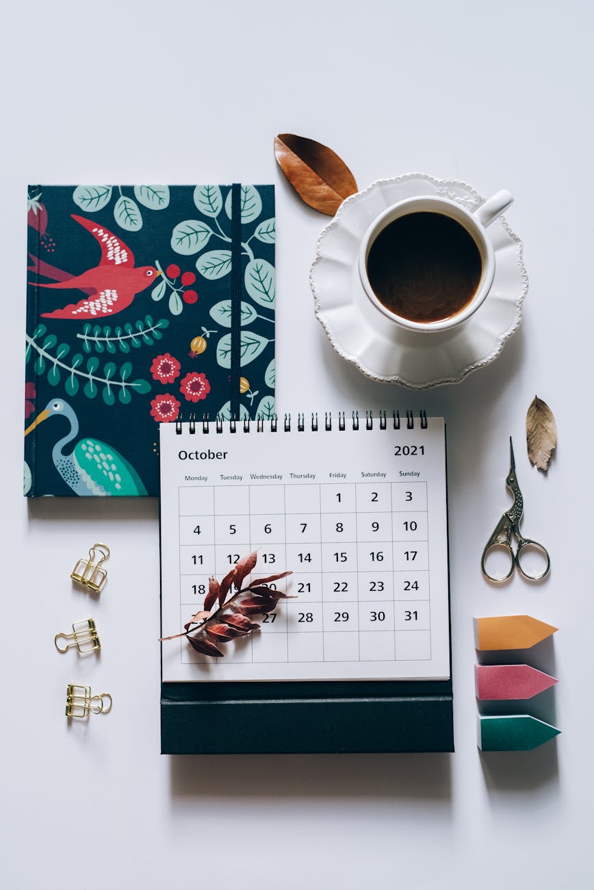 Peaceful birds-eye view of a calendar, coffee in a cup and saucer, note book with bird images on cover, small scissors, clips and sticky notes, with a few scattered autumn leaves