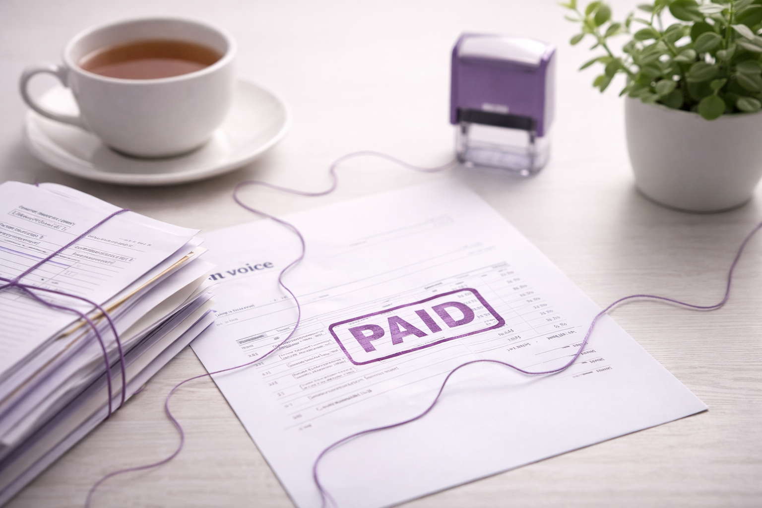 Serene desk scene, bundle of documents tied with purple thread which drifts across the desk.  Under the thread is an invoice stamped in large purple letters 'PAID'.  In the background is a white cup and saucer containing dark tea and a leafy green plant in a white pot. 