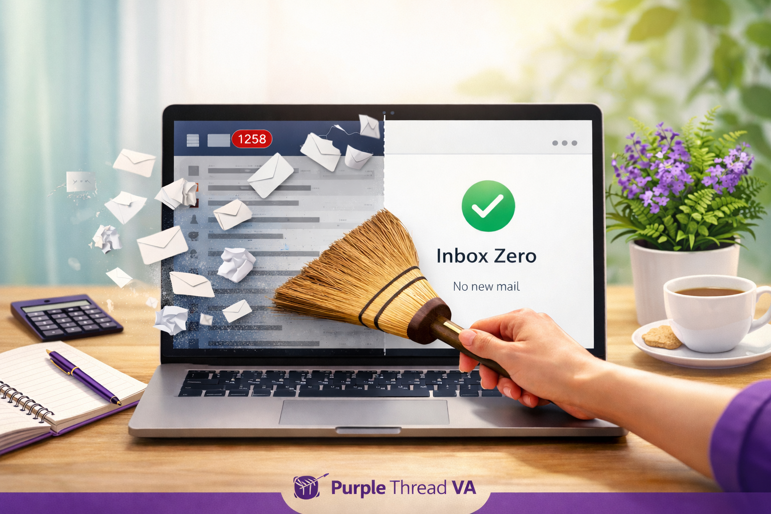 A slightly chartoonish image of a laptop with half the screen full of emails, the other clear and reads 'inbox zero'.  A hand is seen with a small broom to brush the emails from the screen and envelope images scatter as if being brushed away.  In the back ground is tea in a cup and saucer, a green plant with purple flowers, a calculator, notebook and purple pen.