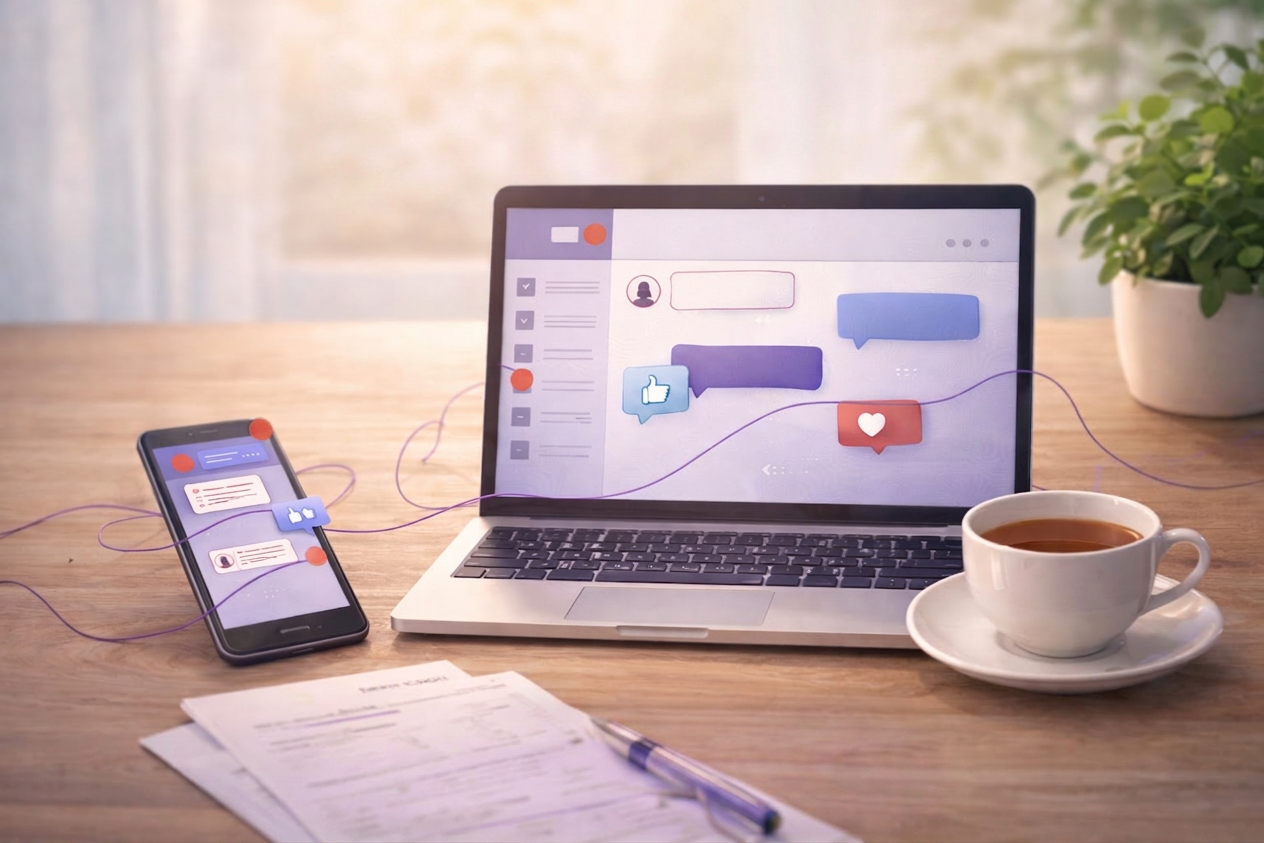 Desk scene, laptop and phone showing social media messages, a purple thread waves across the two, a notepad and pen in the foreground, tea in a white cup and saucer by the laptop and a green plant in the background creates a calming feel.
